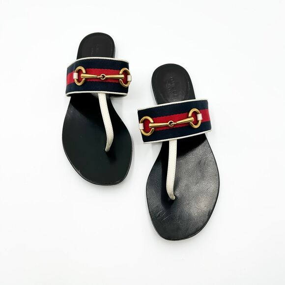 Gucci Horsebit Web Stripe Sandals Flip Flops Flats Slides 37, 7 - Picture 2 of 11